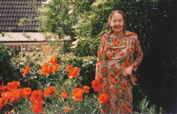 Jean Overton Fuller in her poppy garden